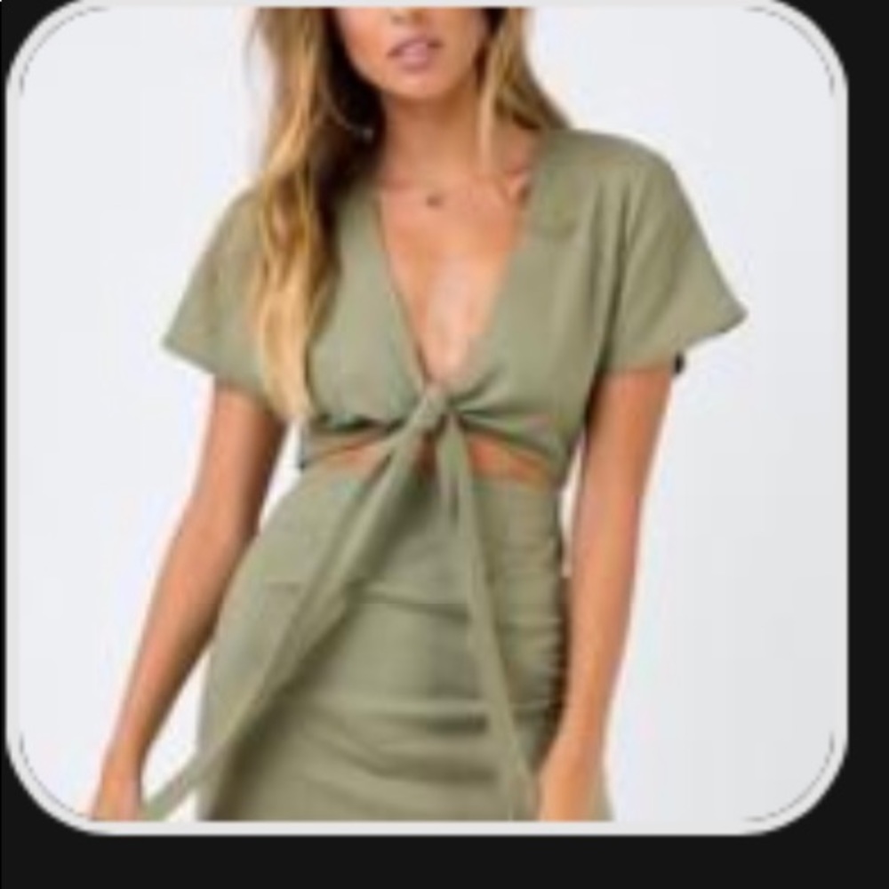 Khaki/Olive Green Front Tie Mini Dress